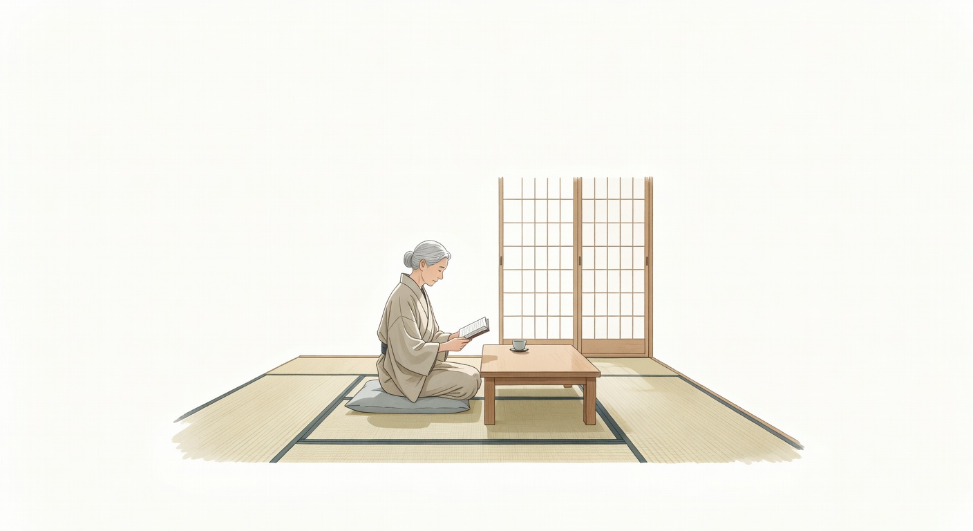 畳の上で読書をする日本人